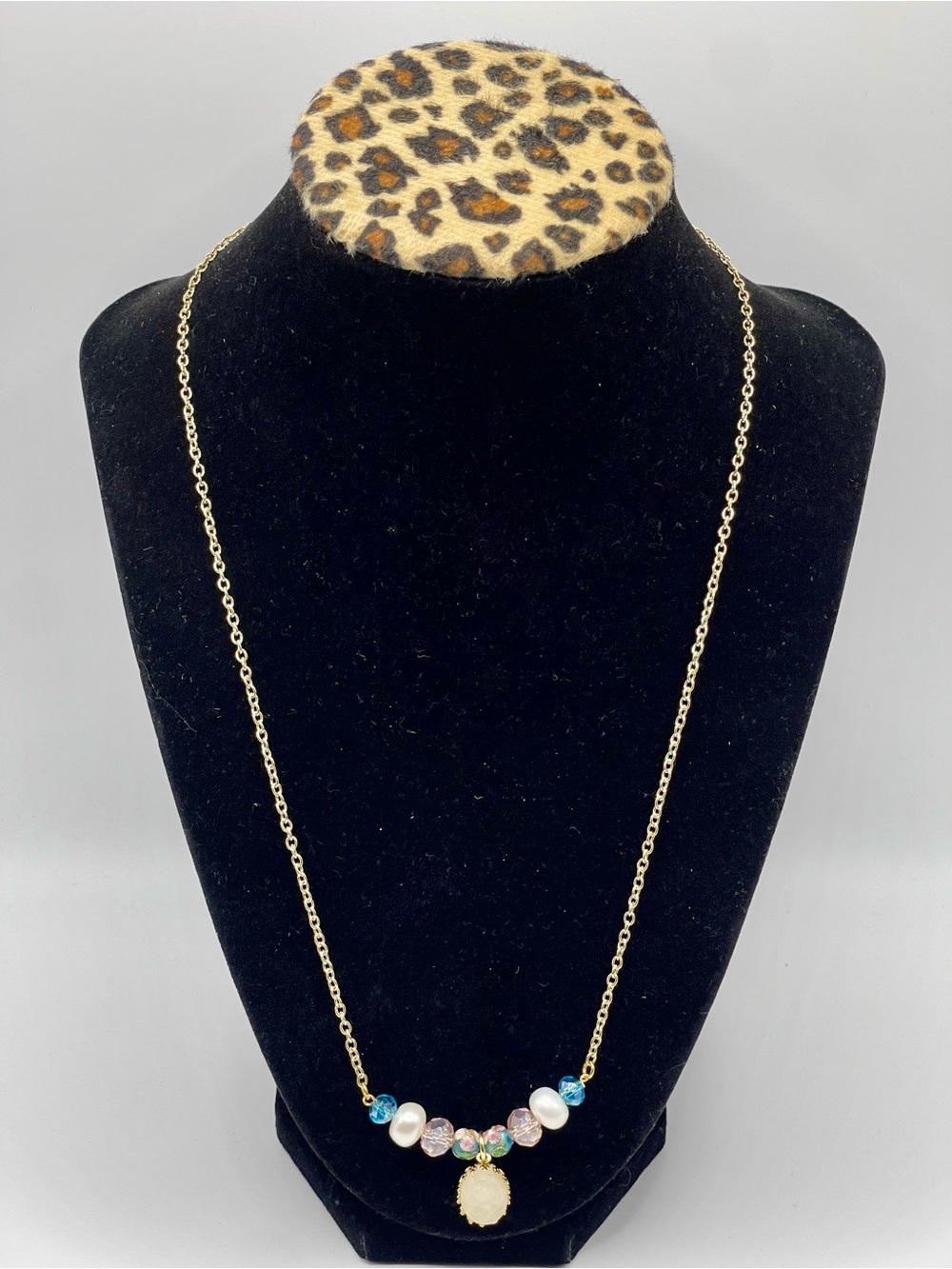 Gold Tone Dainty Necklace With Cloisonné Faux Pearl Acrylic Bead Rose Pendant